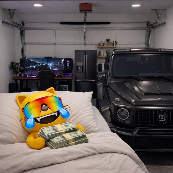 An AI-generated image of a bedroom featuring a yellow crying cat emoji character hugging stacks of cash on a bed, with a gaming setup, refrigerator, and black Mercedes-Benz G-Wagon parked inside the garage.