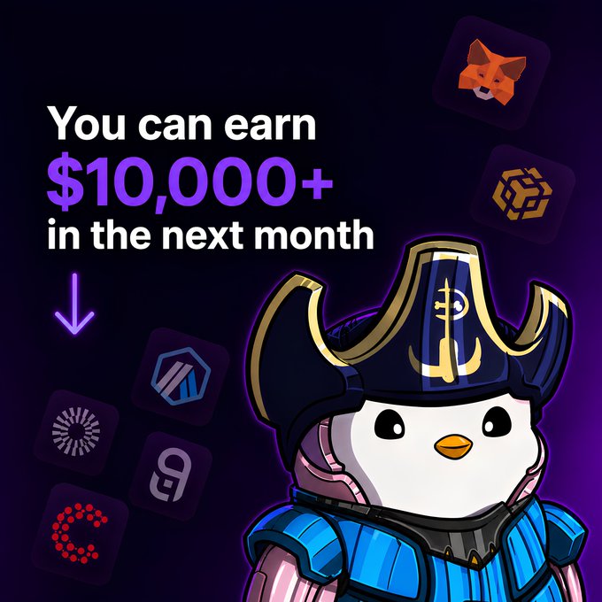 The image features a cartoon penguin wearing a pirate hat with its beak open, seemingly posing for an advertisement or promotional piece. Surrounding the penguin are several logos of different companies, indicating that this is likely part of a marketing campaign or advertisement related to cryptocurrencies and blockchain technology.