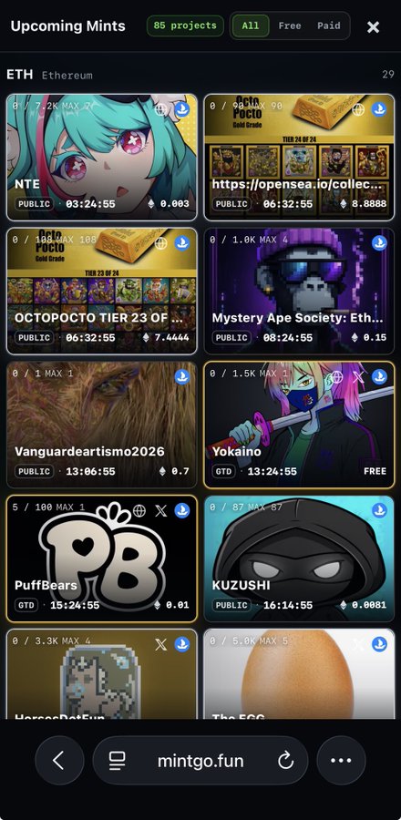 A screenshot from mintgo.fun showing the 'Upcoming Mints' page with 85 projects, including NFT collections like NTE, OCTOPOCTO TIER 23, Mystery Ape Society, and PuffBears listed on the Ethereum network.