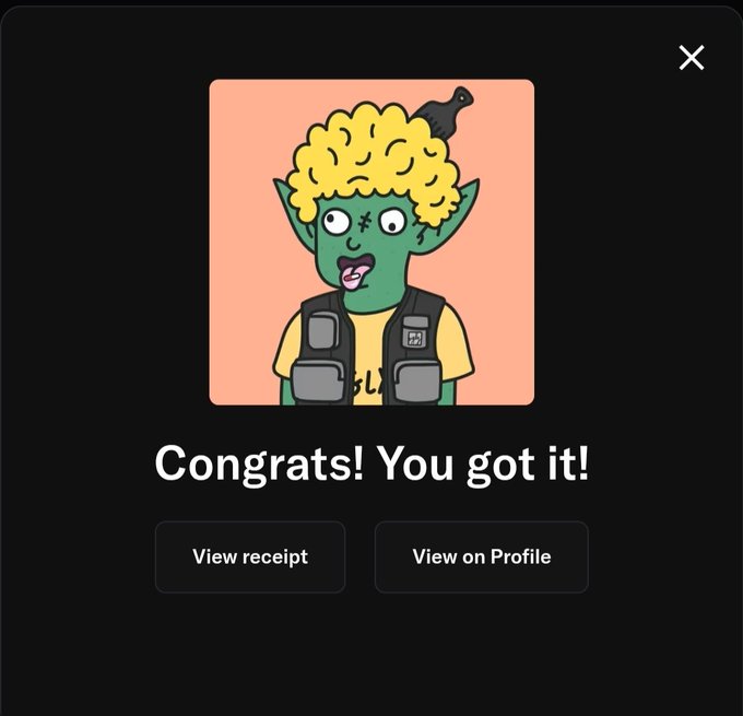 This image shows a confirmation screen with the text "Congrats! You got it!" and a colorful NFT of a green character with yellow hair. The accompanying post is from a user who just acquired a @SquigsNFT.