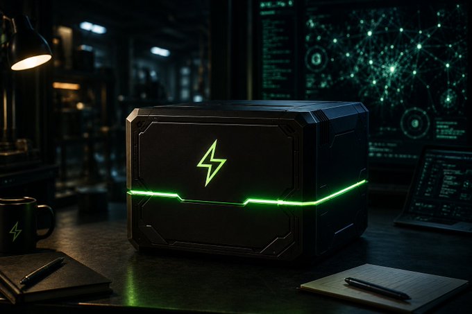A sleek black device with glowing green lightning bolts sits on a desk in a tech workspace, its neon trim evoking the futuristic AI and crypto convergence being teased by Hotstuff's purpose-built L1 blockchain project.