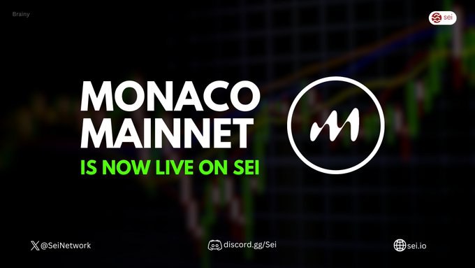 A promotional graphic reads “MONACO MAINNET IS NOW LIVE ON SEI,” with SEI branding and links including “@SeiNetwork,” “discord.gg/Sei,” and “sei.io.”