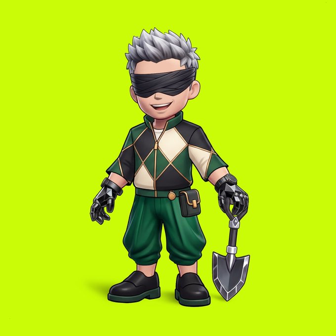 A cartoon character with spiky gray hair and a blindfold, wearing a green and black outfit, holding a small shovel, against a bright green background.