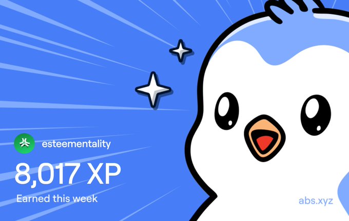 A Duolingo achievement screen showing user 'esteementality' earned 8,017 XP this week, featuring the white Duo owl mascot with a blue background and sparkle effects.
