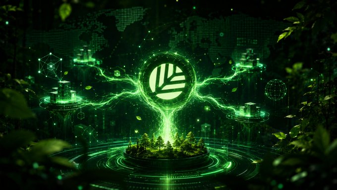 A green-themed futuristic digital artwork featuring a central holographic globe surrounded by energy rings, glowing cubes, and technological networks set in a forest environment.