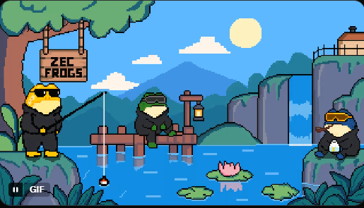 An animated GIF in pixel art style showing three frogs in sunglasses at a pond, with one fishing off a dock and a wooden sign reading 'ZEC FROGS'.