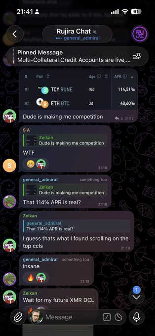 A Telegram chat from @RujiraNetwork shows users discussing impressive APRs of 114% on TCY RUNE and 48.60% on ETH BTC, alongside mentions of "Multi-Collateral Credit Accounts."