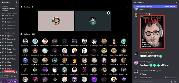 A screenshot of a Discord server called 'ritual' showing a voice channel with multiple speakers/audience members in a stage-style format, with a chat panel on the right featuring a TIME magazine cover about 'Sexy Josh from Ritual' being grifted, and the 'RITUAL' ticker displayed in the channel topic.
