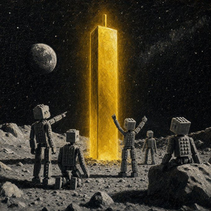 A group of LEGO astronaut figures on a lunar surface gaze at and reach toward a glowing gold monolith, while one points a rifle—evoking 2001: A Space Odyssey. The image of awe-struck explorers worshipping a towering golden structure perfectly fits "smart money is buying GOLD," illustrating how investors are gravitating toward gold as their ultimate, almost sacred, safe-haven asset.