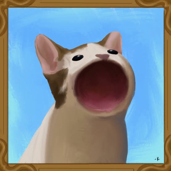 A digital painting of a surprised-looking cat with a wide-open mouth, pink ears, and brown and white fur, set against a blue background and framed in an ornate gold border.