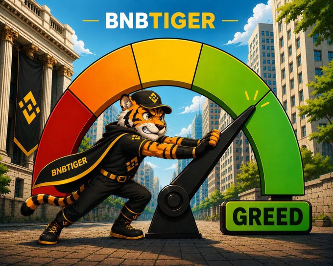 An illustration of an anthropomorphic tiger wearing a black cap and jacket labeled 'BNBTIGER' pushing a large lever towards the 'GREEN' section of a meter, with the word 'GREED' displayed.