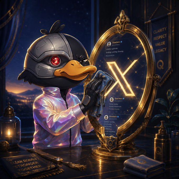 The image features a duck wearing a silver jumpsuit sitting at a desk with a mirror behind him, cleaning his reflection while holding a towel. The background includes a cityscape and a banner that reads "@wallchain here". The caption of the image is "Good morning Quackers Here’s something powerful I’ve noticed on @wallchain when you post with real awareness instead of chasing quick attention, your contributions start landing in the right circles naturally".