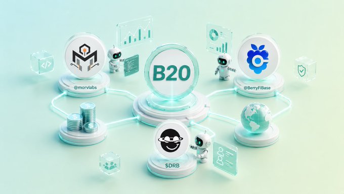 The image showcases a futuristic, teal-themed 3D illustration featuring a central "B20" hub connected to three ecosystem partners—@morvilabs, @BerryFiBase, and SDRB—represented by robot mascots and icons symbolizing data, compliance, and global reach. This visually captures the post's message about Base's new native token standard (B20) and the growing ecosystem of projects preparing to leverage its built-in compliance, efficiency, and real-world asset capabilities.