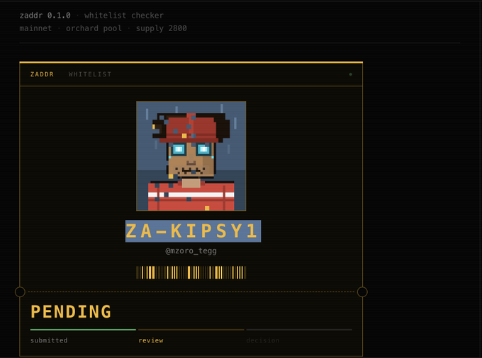 A 'zaddr 0.1.0 · whitelist checker' application screenshot for mainnet orchard pool, displaying a pixel art character 'ZA-KIPSY1' (@mzoro_fegg) with a 'PENDING' status showing a progress bar at the 'review' stage.