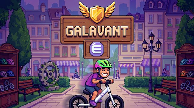 Promotional artwork for the pixel-art game "GALAVANT," depicting a boy wearing a green helmet riding a bicycle through a European-style town with a winged shield logo and a coin symbol displayed above him.