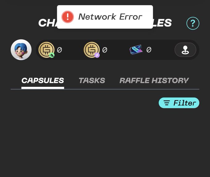 A dark-themed app interface with a 'Network Error' notification popping up over a screen showing 'CAPSULES', 'TASKS', and 'RAFFLE HISTORY' tabs with various coin icons.