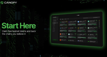 A dark promotional graphic for 'CANOPY' featuring the text 'Start Here - Claim free testnet tokens and back the chains you believe in' alongside a screenshot of a token dashboard.