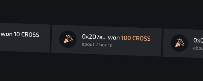 The image shows a jackpot history feed displaying recent winners, including "0x2D7a... won 100 CROSS about 2 hours ago" and another player who won 10 CROSS, related to the OneChain Quest Lucky Draw Box promotion highlighting recent jackpot wins.