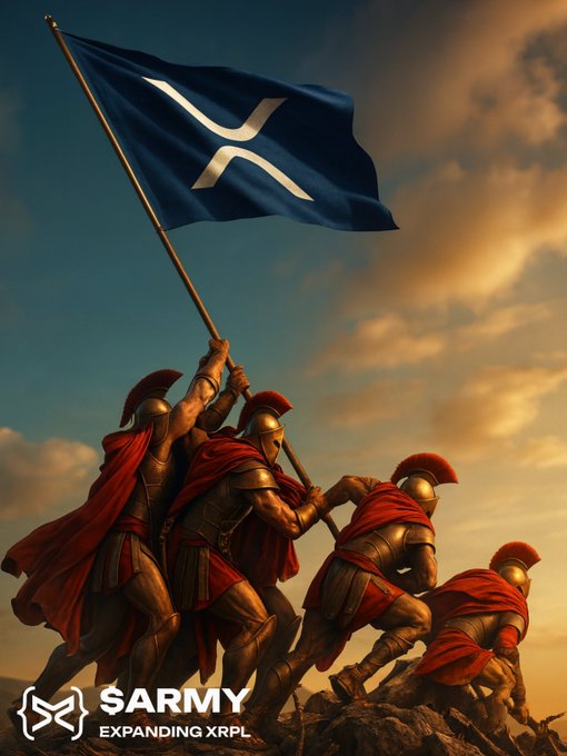 A dramatic, cinematic illustration of Spartan-style warriors in red capes planting a large dark blue flag bearing the XRP logo on a rocky peak, with the text '$ARMY EXPANDING XRP' and a butterfly-like logo at the bottom.