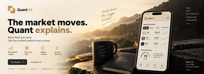 Advertisement for Quant AI with the tagline 'The market moves. Quant explains.' showing a smartphone interface displaying crypto market data, set against a mountain landscape background with a coffee mug.