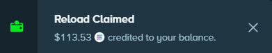 The image shows a Stake notification displaying "Reload Claimed" with $113.53 credited to the user's balance, indicating the successful activation of a promotional reload bonus. This connects to the post as the user utilized their daily reload offer to place wagers on the Toronto Tempo game.