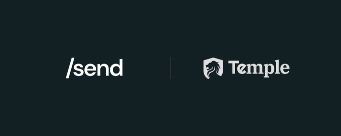 A dark teal banner displays the /send command alongside the Temple logo featuring a Greek-style helmet.