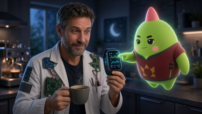 A man in a circuit-adorned lab coat holds a steaming coffee mug and a smartwatch displaying sleep data, while a glowing green cartoon character with a red mohawk points at the device.

The image illustrates the post's theme of skepticism toward wearable health tracking: the scientist figure represents the user dismissing the watch's sleep and heart rate data (showing poor metrics), while the glowing mascot acts as a watchful, almost accusatory presence—mirroring how the wearable "filed a complaint" about his late-night habits and 4pm espresso, even as he wonders whether the data is worth caring about.