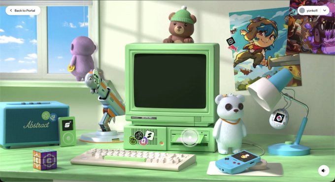 A 3D-rendered cozy green desk scene featuring a retro CRT monitor, a polar bear plushie, a teddy bear in a green beanie, an iPod, a Rubik's cube, and various gaming collectibles, with 'yorkoff' visible in the top right corner.
