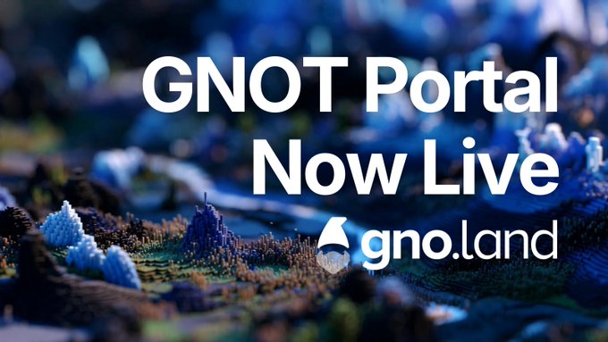 A promotional graphic displaying "GNOT Portal Now Live" in white text, alongside the gno.land logo, set against a blurred background of a LEGO-style cityscape. The visual reinforces the announcement of the public token distribution portal being open for users to register their Gno.land addresses.