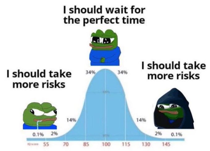 A three-panel meme using Pepe the Frog characters positioned on a bell curve, contrasting 'I should wait for the perfect time' (top) with 'I should take more risks' (left and right) at the curve's tails.