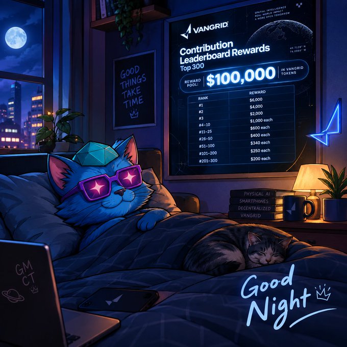An illustrated scene of a blue cat wearing pink star-shaped sunglasses lounging on a bed with a "Good Night" message, with a leaderboard showing "VANGRID Contribution Leaderboard Rewards Top 300 $100,000" in the background.
