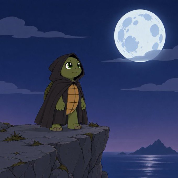 An animated illustration of a small green turtle-like character wearing a black hooded cloak, standing on a cliff edge under a large full moon with the ocean and mountains in the background.