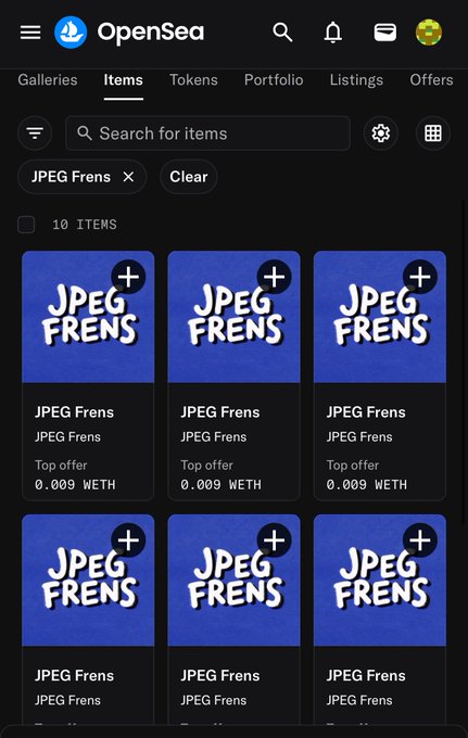 A screenshot of the OpenSea NFT marketplace showing multiple items for sale from a collection called 'JPEG Frens', all with a top offer of 0.009 WETH.
