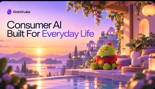 Gotchi Labs promotional graphic reading 'Consumer AI Built For Everyday Life' featuring a cute green plush mascot in a sunset Mediterranean-style scene.