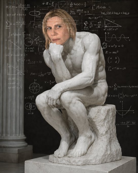 A digitally edited image superimposes a blonde woman's face onto Rodin's classic "The Thinker" sculpture, set against a blackboard background covered in mathematical equations and formulas.
