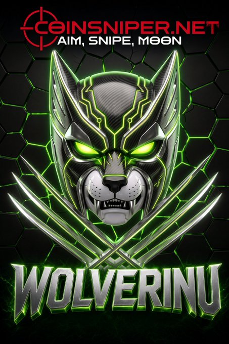 A promotional graphic featuring a metallic wolf/wolverine helmet with green glowing eyes and claws, branded 'COINSNIPER.NET' and 'WOLVERINU' with the tagline 'AIM, SNIPE, MOON'.