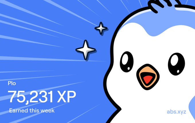 An abstract.xyz reward card shows 'Plo' earning '75,231 XP Earned this week' next to a large, cute white penguin character with an open beak against a blue background with radiating light lines and sparkles.