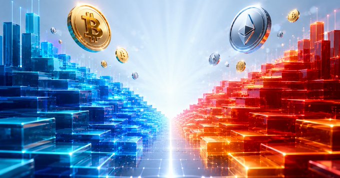 A digital artwork showing Bitcoin and Ethereum coins floating between blue and red block structures with light rays in the background.