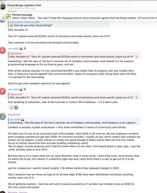 The image shows a Telegram chat in "Dread Bongo Updates Chat" discussing Bittensor (TAO), with users like Alexandros Tsachouridis, Papaboutai, and sotsuMo debating TAO's first subnet receiving $230M worth of emissions, comparing the project to Cardano, and raising concerns about engineering talent, community naivety, and overvaluation relative to OpenAI's $1.3 billion pre-ChatGPT funding.