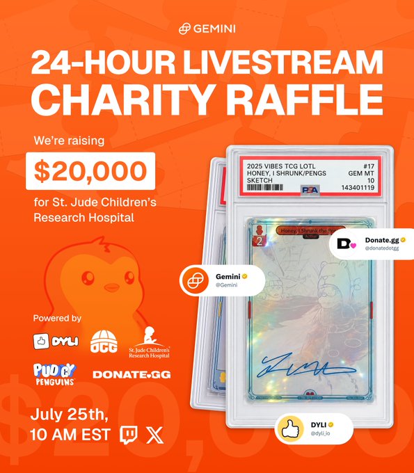 The image promotes a "24-Hour Livestream Charity Raffle" by Gemini on July 25th at 10 AM EST, aiming to raise $20,000 for St. Jude Children's Research Hospital, featuring a graded "2025 VIBES TCG LOTL HONEY, I SHRUNK/PENGS SKETCH" trading card signed by DYLI. It complements the post by highlighting Gemini's charity efforts and showcasing the dyli.io + Donate.gg API integration that routes raffle funds directly to St. Jude.
