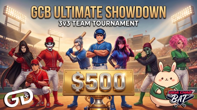 The same promotional graphic titled "GCB ULTIMATE SHOWDOWN 3V3 TEAM TOURNAMENT" featuring anime-style baseball players, a $500 prize, GD logo, and "GIGA CHAD BAT" bunny mascot.