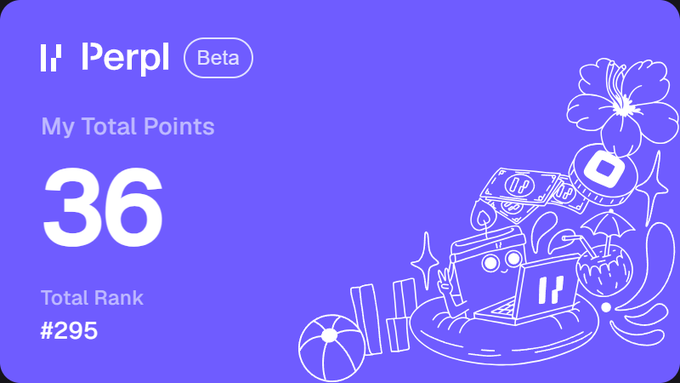 A Perpl Beta dashboard on a purple background shows 'My Total Points' at 36 with a 'Total Rank' of #295, decorated with line illustrations of a laptop, flowers, and tropical drinks.
