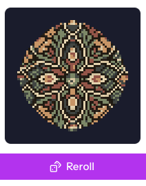 A pixel art piece with a symmetrical diamond-shaped design in muted greens, oranges, and reds displayed on a dark navy background, with a purple "Reroll" button at the bottom. The image relates to the post as an example of the creator's high-resolution 96x96 art that addresses the 64-per-layer limitation by using another technique for added visual depth.