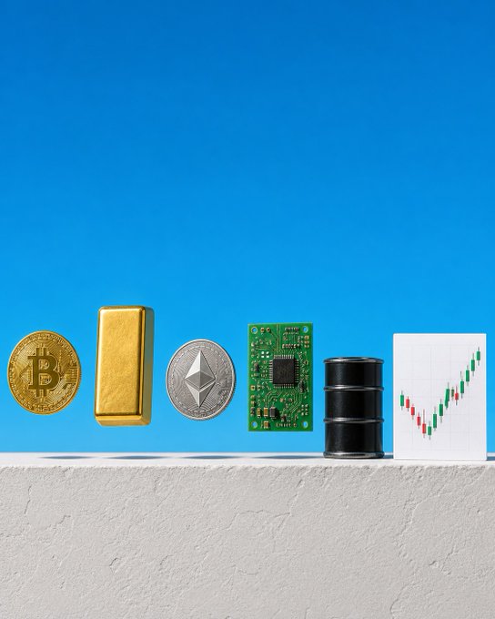 A row of financial icons—a Bitcoin coin, gold bar, Ethereum coin, microchip, oil barrel, and a rising candlestick chart—sits on a white ledge against a blue sky, symbolizing diverse asset classes. This visual reinforces the post's message that WEEX offers "All Markets" for traders, from crypto and commodities to stocks and tech.