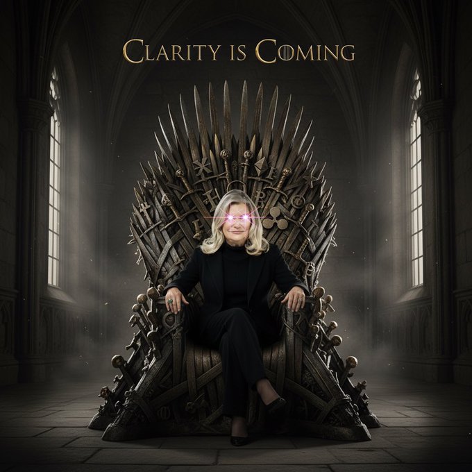 A woman sits on a throne made of swords with glowing red eyes, beneath the text "CLARITY IS COMING," visually representing the post's announcement of Senator Lummis's finalized CLARITY Act and its impending impact on crypto regulation.