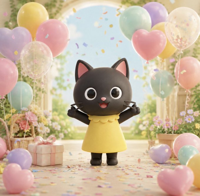 An animated black cat character wearing a yellow dress stands cheerfully at a pastel birthday celebration surrounded by colorful balloons, confetti, gift boxes, and blooming flowers.