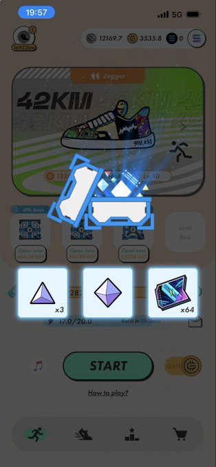 A mobile game screen showing a 'Jogger' shoe NFT with various reward boxes and a START button for a running game.