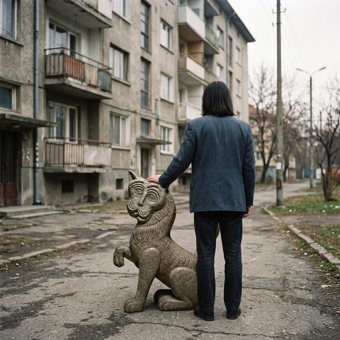 A person in a dark blazer stands with their back to the camera, resting their hand on a weathered stone lion statue outside a drab Soviet-style apartment block, evoking a quiet moment of returning to a homeland left unchanged, much like the $LEVCAT meme coin at contract 0x02c2faedb05cc1ddd40738a975f57d217ad33ecc that "never left."