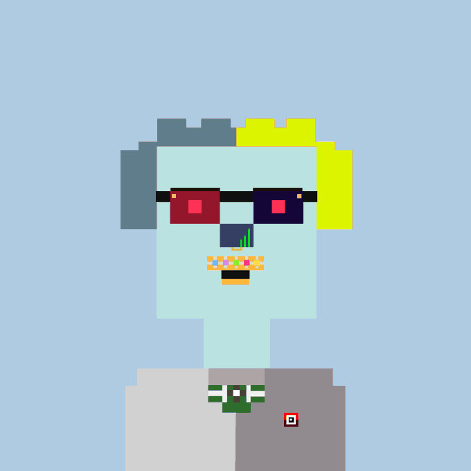 A pixel art portrait of a character with gray and yellow hair, red sunglasses, and colorful pixelated teeth.
