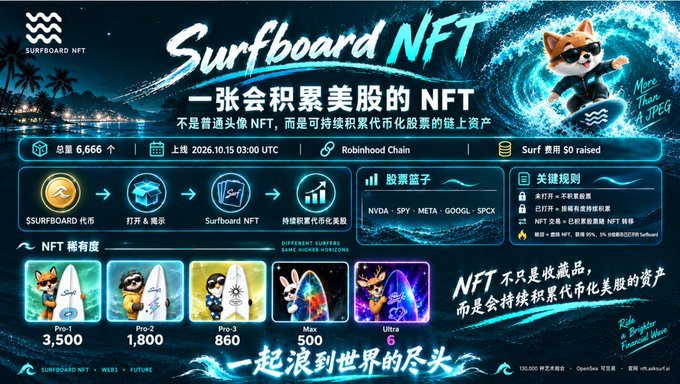 A promotional graphic for "Surfboard NFT" advertising its launch on October 15, 2026 at 03:00 UTC on Robinhood Chain, featuring a total supply of 6,666 NFTs in five rarity tiers (Pro-1 through Luxury). The design highlights that unlike typical NFTs used for collectibles or profile pictures, Surfboard NFTs uniquely accumulate tokenized US stocks including $NVDA, $SPY, $META, $GOOGL, and $SPX, with a fox mascot surfing a wave carrying the tagline "Ride the Surfer & Break the Waves."